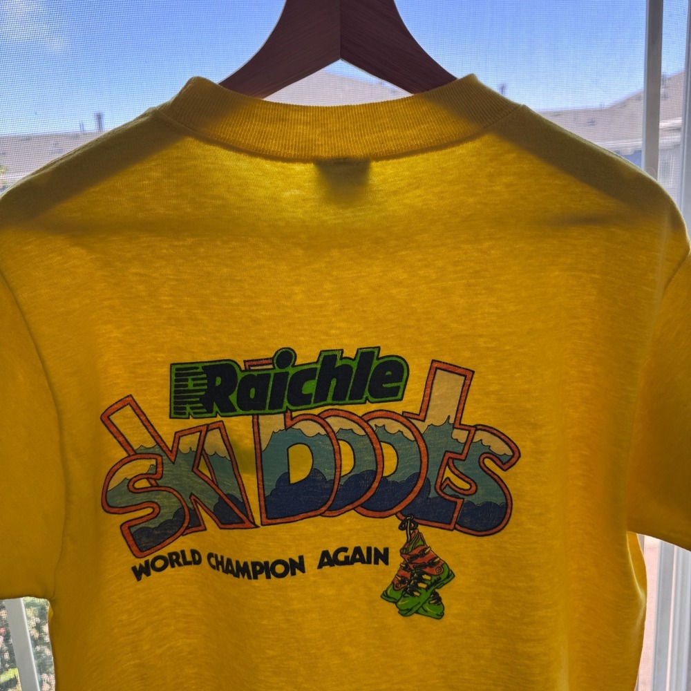 Vintage Raichle Ski Boots T-Shirt Mens L Yellow Paper Thin Champion Mountain 70s
